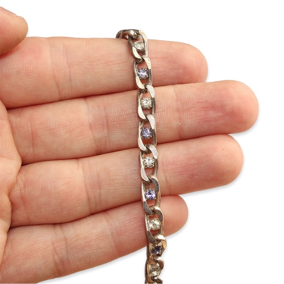 Vintage Curb Chain Bracelet with Purple & Clear Rhinestones Silver Tone - Picture 3 of 4